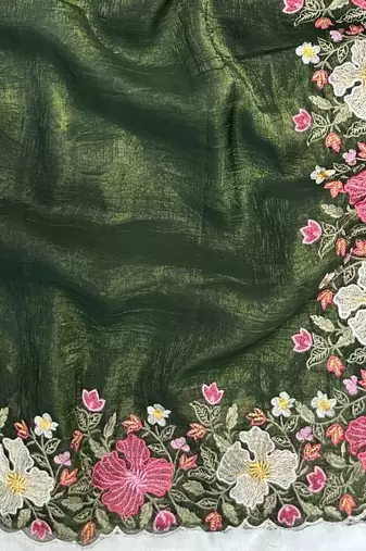 Green Color Multi thread embroidery cut work Crunchy art silk saree