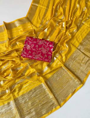 Yellow Color Jari Jaqurad Weaving Work Georgette Saree 2