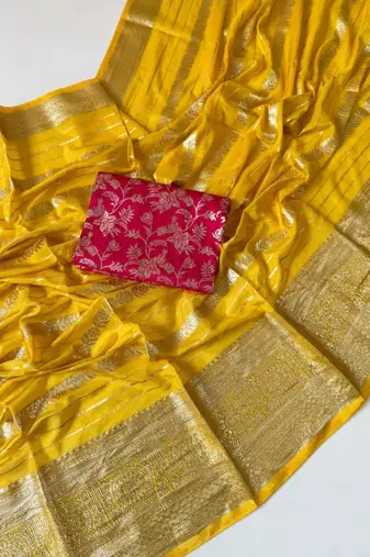 Yellow Color Jari Jaqurad Weaving Work Georgette Saree