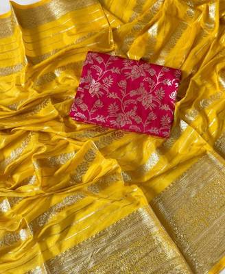 Yellow Color Jari Jaqurad Weaving Work Georgette Saree 3