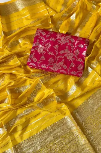 Yellow Color Jari Jaqurad Weaving Work Georgette Saree
