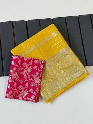 Yellow Color Jari Jaqurad Weaving Work Georgette Saree 1