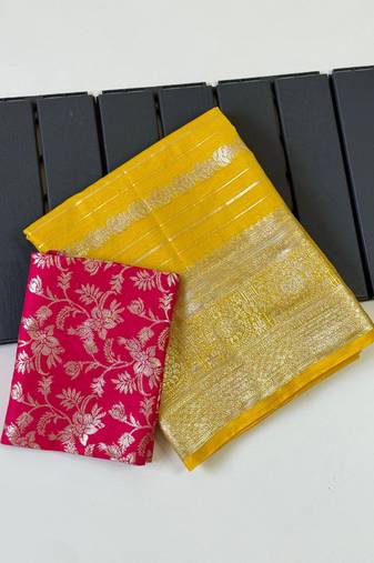 Yellow Color Jari Jaqurad Weaving Work Georgette Saree