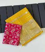 Yellow Color Jari Jaqurad Weaving Work Georgette Saree