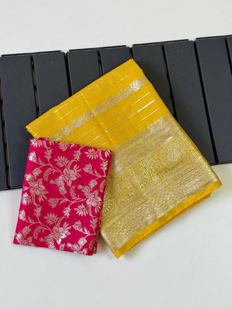 Yellow Color Jari Jaqurad Weaving Work Georgette Saree