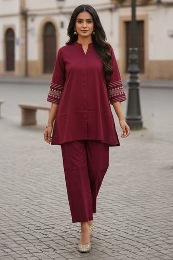 Label divine attire women red viscose rayon collar neck kurta pant set with thread work sleeves