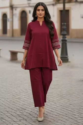 Label divine attire women red viscose rayon collar neck kurta pant set with thread work sleeves