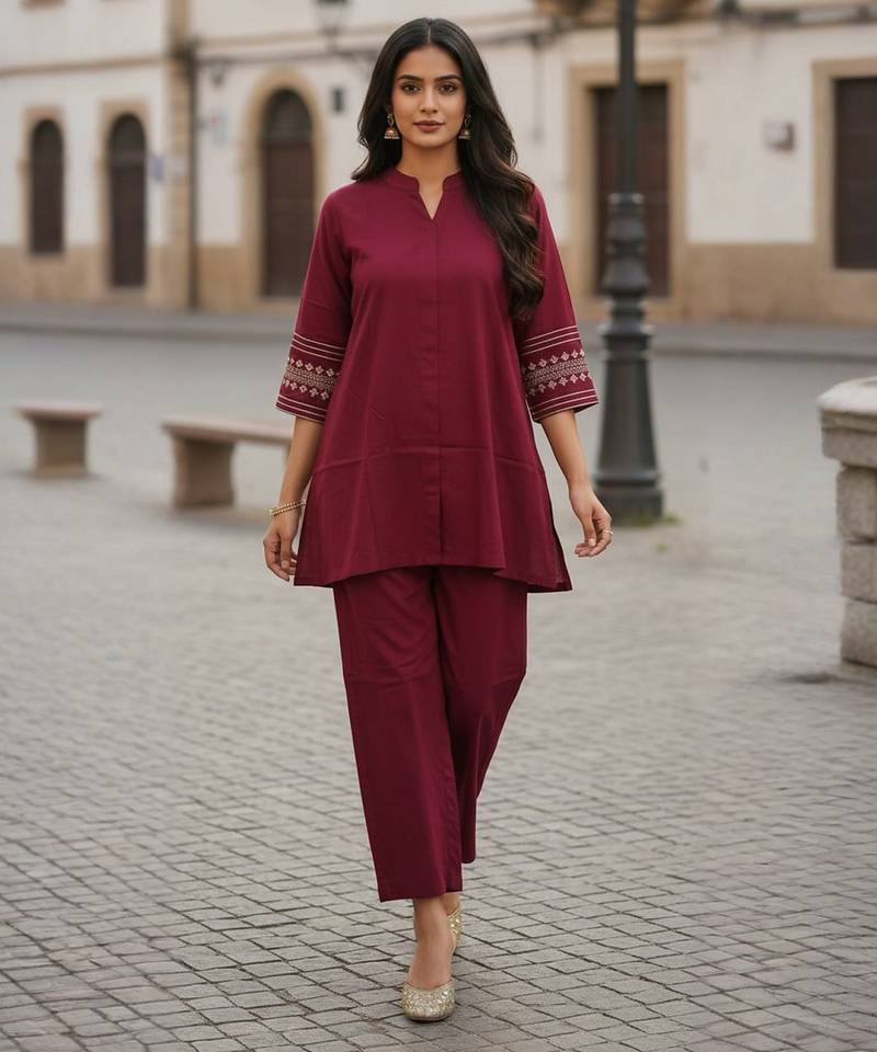 Label divine attire women red viscose rayon collar neck kurta pant set with thread work sleeves