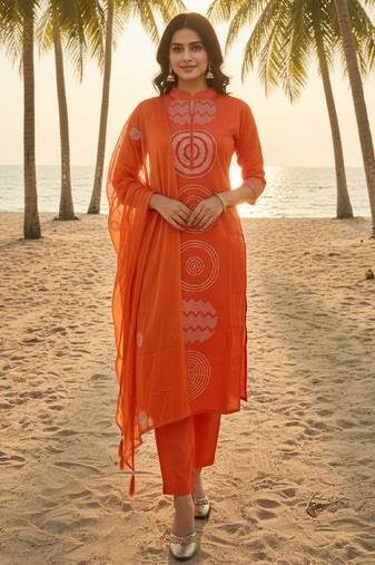 Divine attire orange chanderi kurta set with circular embroidery, collar neck, dupatta & pants