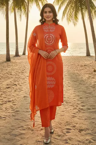 Divine attire orange chanderi kurta set with circular embroidery, collar neck, dupatta & pants