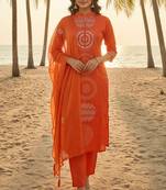 Divine attire orange chanderi kurta set with circular embroidery, collar neck, dupatta & pants