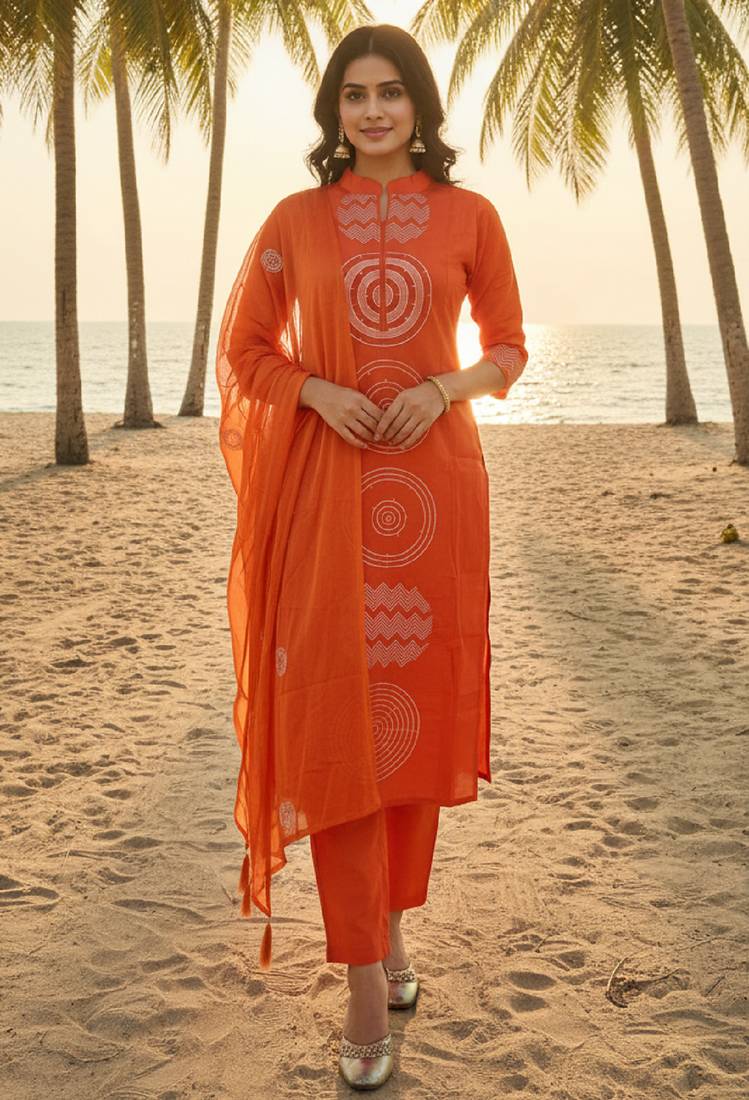Divine attire orange chanderi kurta set with circular embroidery, collar neck, dupatta & pants