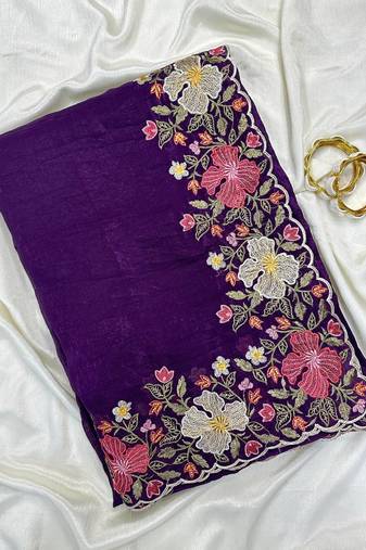 Purple Color Multi thread embroidery cut work Crunchy silk Saree