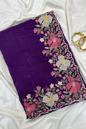 Purple Color Multi thread embroidery cut work Crunchy silk Saree