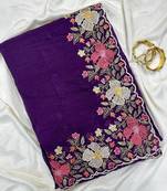 Purple Color Multi thread embroidery cut work Crunchy silk Saree