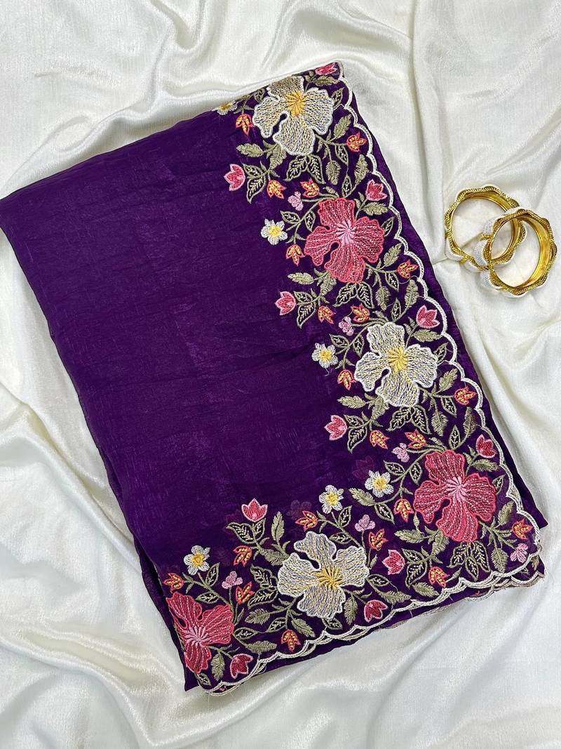 Purple Color Multi thread embroidery cut work Crunchy silk Saree