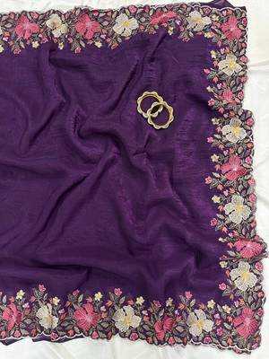Purple Color Multi thread embroidery cut work Crunchy art silk saree 2
