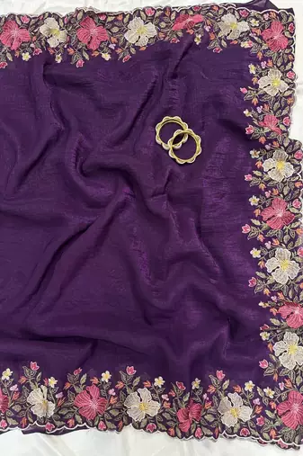 Purple Color Multi thread embroidery cut work Crunchy art silk saree