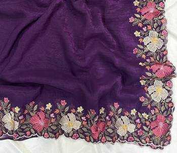 Purple Color Multi thread embroidery cut work Crunchy art silk saree 3