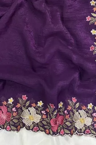 Purple Color Multi thread embroidery cut work Crunchy art silk saree
