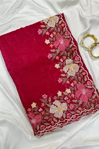 Rani Pink Color Multi thread embroidery cut work Crunchy silk Saree