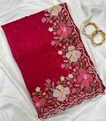 Rani Pink Color Multi thread embroidery cut work Crunchy silk Saree