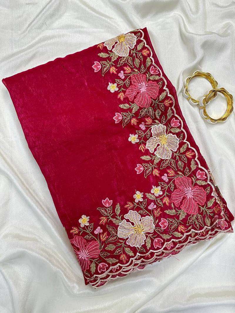 Rani Pink Color Multi thread embroidery cut work Crunchy silk Saree