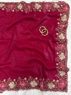 Rani Pink Color Multi thread embroidery cut work Crunchy art silk saree 2