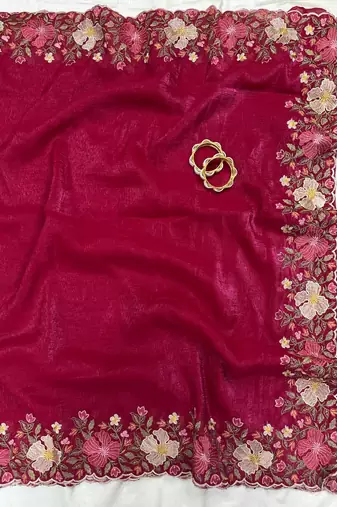 Rani Pink Color Multi thread embroidery cut work Crunchy art silk saree