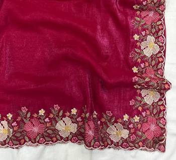Rani Pink Color Multi thread embroidery cut work Crunchy art silk saree 3