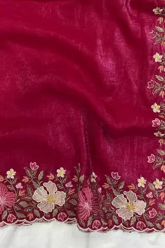 Rani Pink Color Multi thread embroidery cut work Crunchy art silk saree