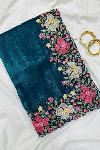 Teal Color Multi thread embroidery cut work Crunchy silk Saree