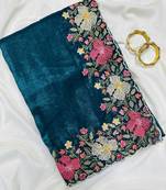 Teal Color Multi thread embroidery cut work Crunchy silk Saree