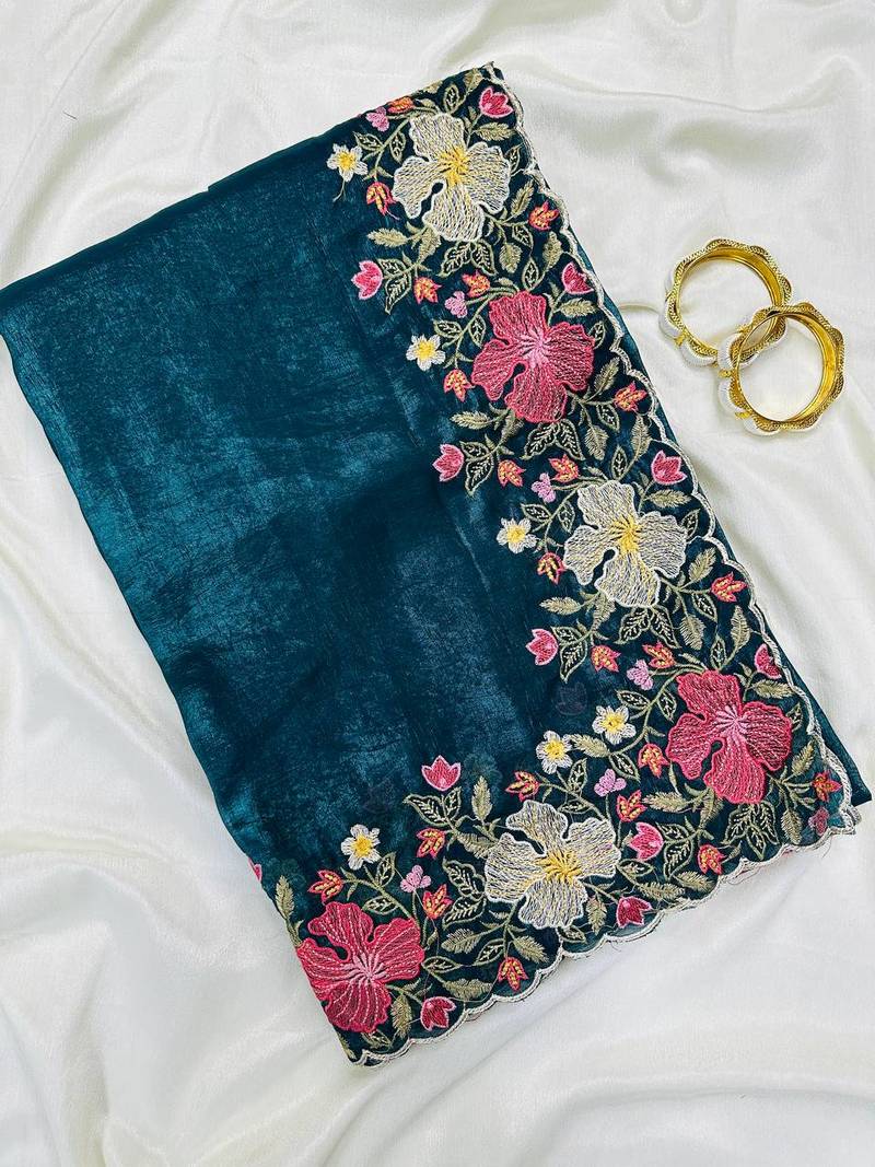 Teal Color Multi thread embroidery cut work Crunchy silk Saree