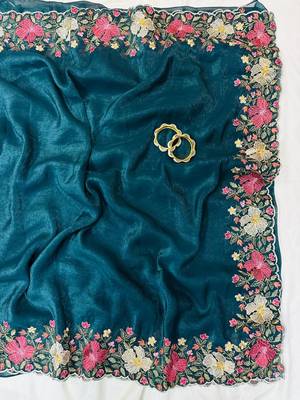 Teal Color Multi thread embroidery cut work Crunchy art silk saree 2