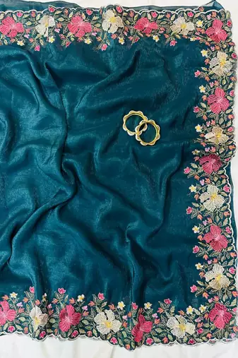 Teal Color Multi thread embroidery cut work Crunchy art silk saree