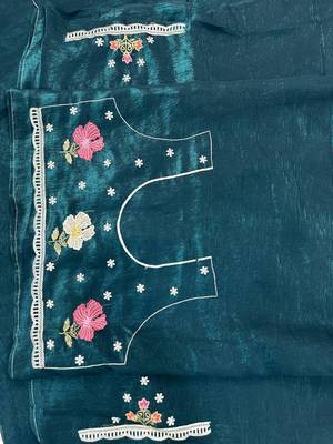 Teal Color Multi thread embroidery cut work Crunchy art silk saree 3