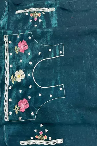 Teal Color Multi thread embroidery cut work Crunchy art silk saree