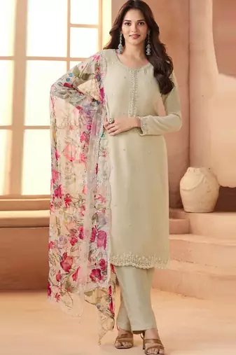 Off-white bids work soft chiffon salwar suit