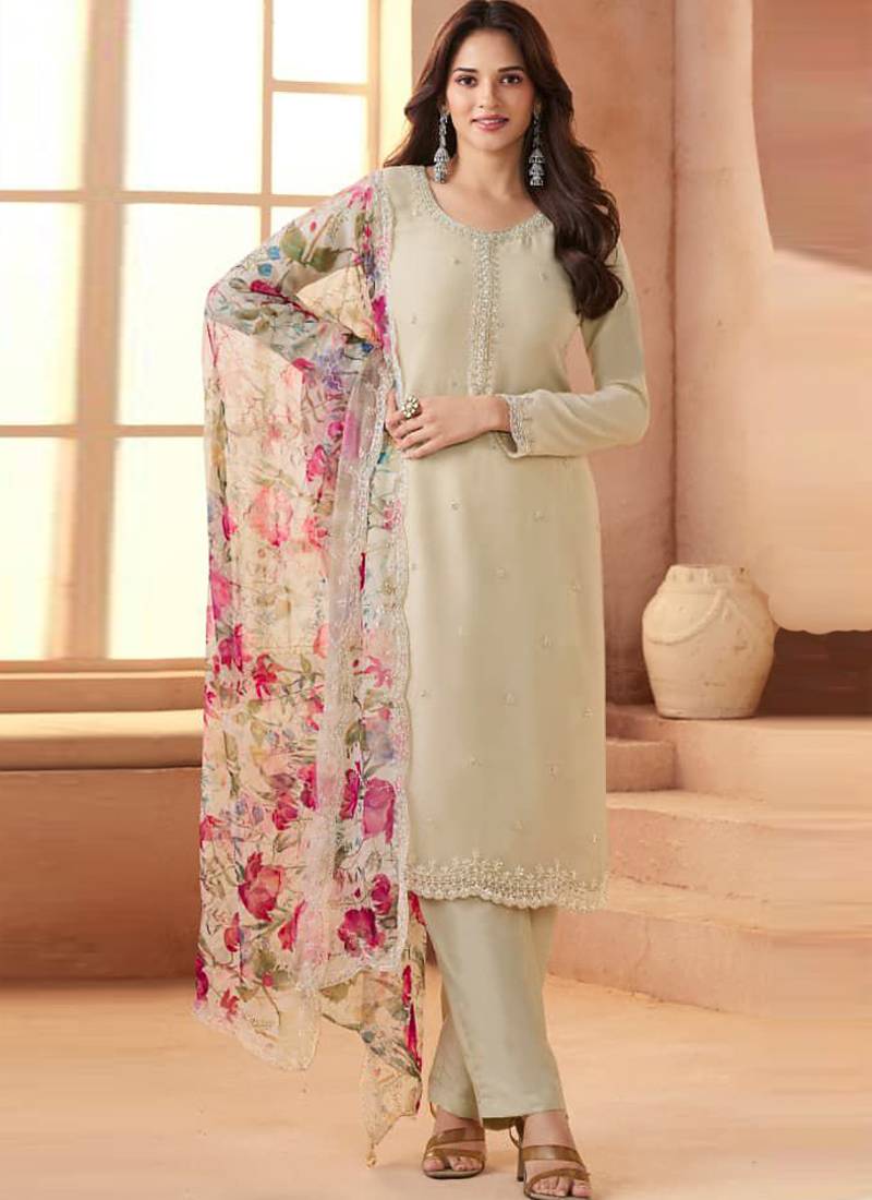 Off-white bids work soft chiffon salwar suit