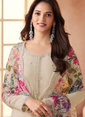 Off-white bids work soft chiffon salwar suit 2