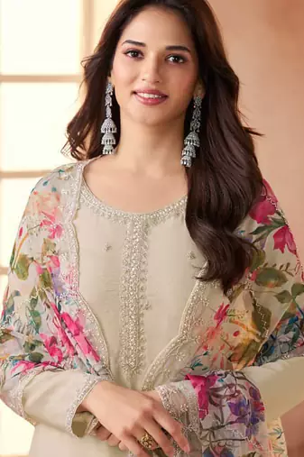 Off-white bids work soft chiffon salwar suit