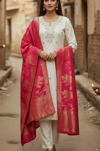 Label divine attire women’s off white chanderi jacquard kurta set | golden & multicolor thread embroidery