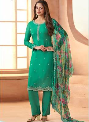 Green bids work soft chiffon salwar suit 1