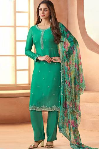 Green bids work soft chiffon salwar suit