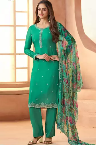 Green bids work soft chiffon salwar suit