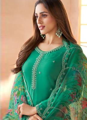 Green bids work soft chiffon salwar suit 2