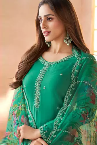 Green bids work soft chiffon salwar suit