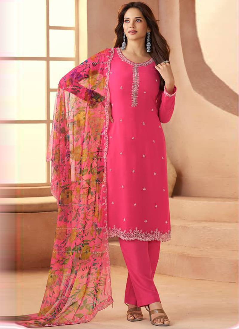 Pink bids work soft chiffon salwar suit