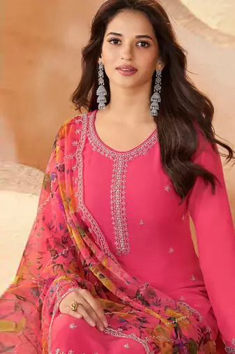 Pink bids work soft chiffon salwar suit
